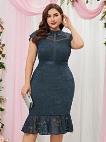 MIUSOL 大碼魚尾裙下擺蕾絲洋裝 - 灰色 - 查看 1