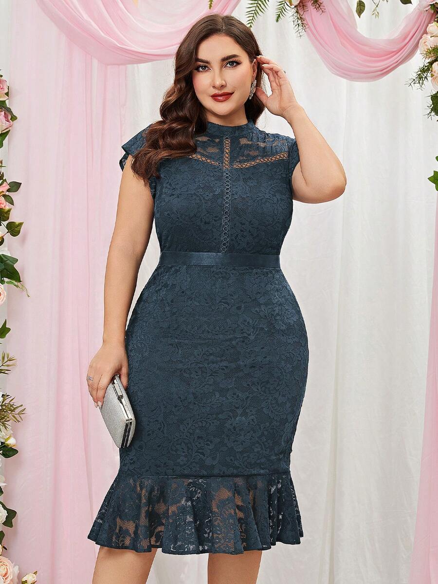 MIUSOL 大碼魚尾裙下擺蕾絲洋裝 - 灰色 - 查看 1