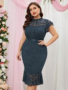 MIUSOL 大碼魚尾裙下擺蕾絲洋裝 - 灰色 - 查看 3