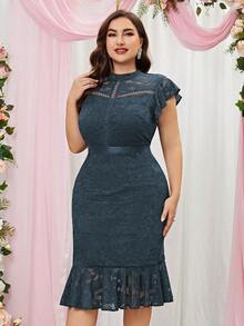 MIUSOL 大碼魚尾裙下擺蕾絲洋裝 - 灰色 - 查看 4