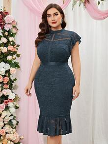 MIUSOL 大碼魚尾裙下擺蕾絲洋裝 - 灰色 - 查看 5