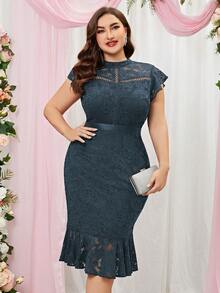 MIUSOL 大碼魚尾裙下擺蕾絲洋裝 - 灰色 - 查看 6