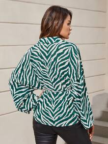 SHEIN Clasi Sọc Ngựa vằn Thả vai Thắt lưng Áo sơ mi - Màu xanh lá cây đậm - Xem 4