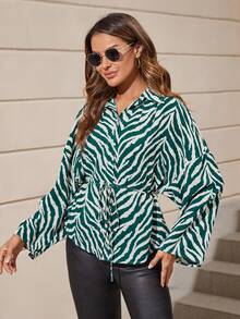 SHEIN Clasi Sọc Ngựa vằn Thả vai Thắt lưng Áo sơ mi - Màu xanh lá cây đậm - Xem 5