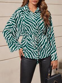 SHEIN Clasi Sọc Ngựa vằn Thả vai Thắt lưng Áo sơ mi - Màu xanh lá cây đậm - Xem 2