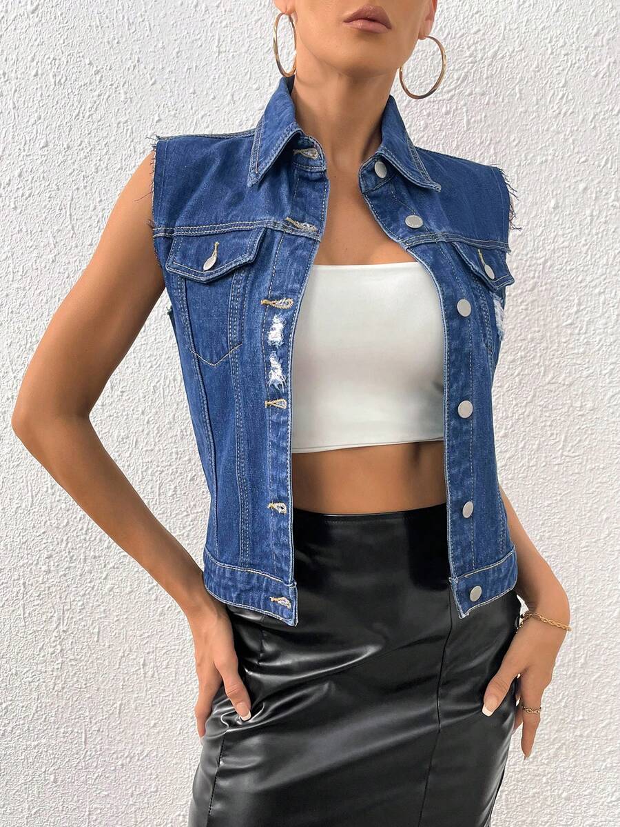 SHEIN SXY 翻蓋口袋前紐扣馬甲牛仔夾克 - 深色水洗藍 - 查看 1