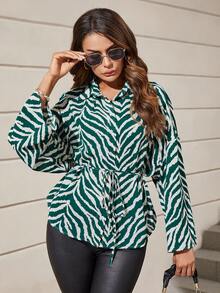 SHEIN Clasi Sọc Ngựa vằn Thả vai Thắt lưng Áo sơ mi - Màu xanh lá cây đậm - Xem 6