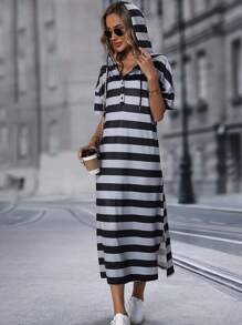 SHEIN LUNE Striped Print Drawstring Hooded Split Hem Dress - Multicolor - View 3