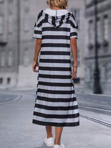 SHEIN LUNE Striped Print Drawstring Hooded Split Hem Dress - Multicolor - View 2