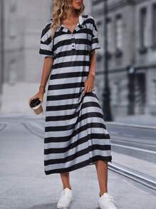 SHEIN LUNE Striped Print Drawstring Hooded Split Hem Dress - Multicolor - View 1