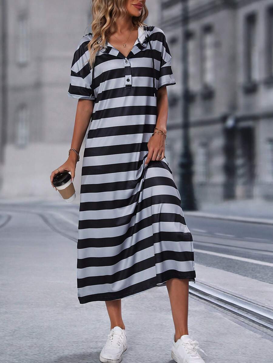 SHEIN LUNE Striped Print Drawstring Hooded Split Hem Dress - Multicolor - View 1
