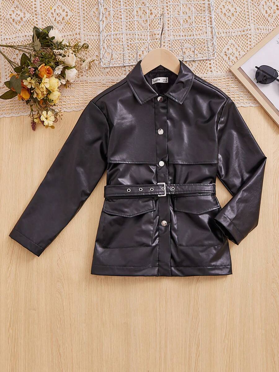 SHEIN Tween Girl Flap Pocket Belted PU Leather Jacket - Black - View 1