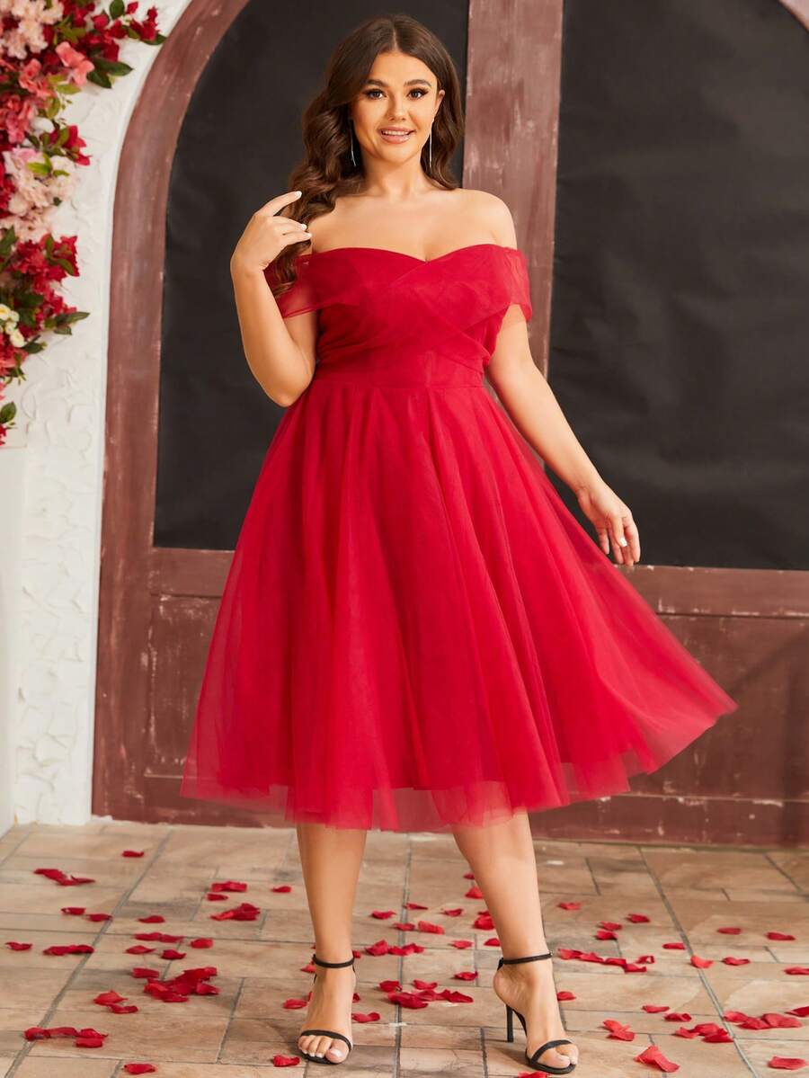 Plus Off Shoulder Wrap Cross Mesh Dress - Burgundy - View 1