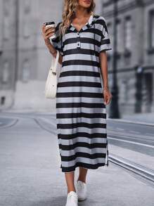 SHEIN LUNE Striped Print Drawstring Hooded Split Hem Dress - Multicolor - View 4