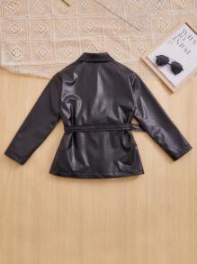 SHEIN Tween Girl Flap Pocket Belted PU Leather Jacket - Black - View 2