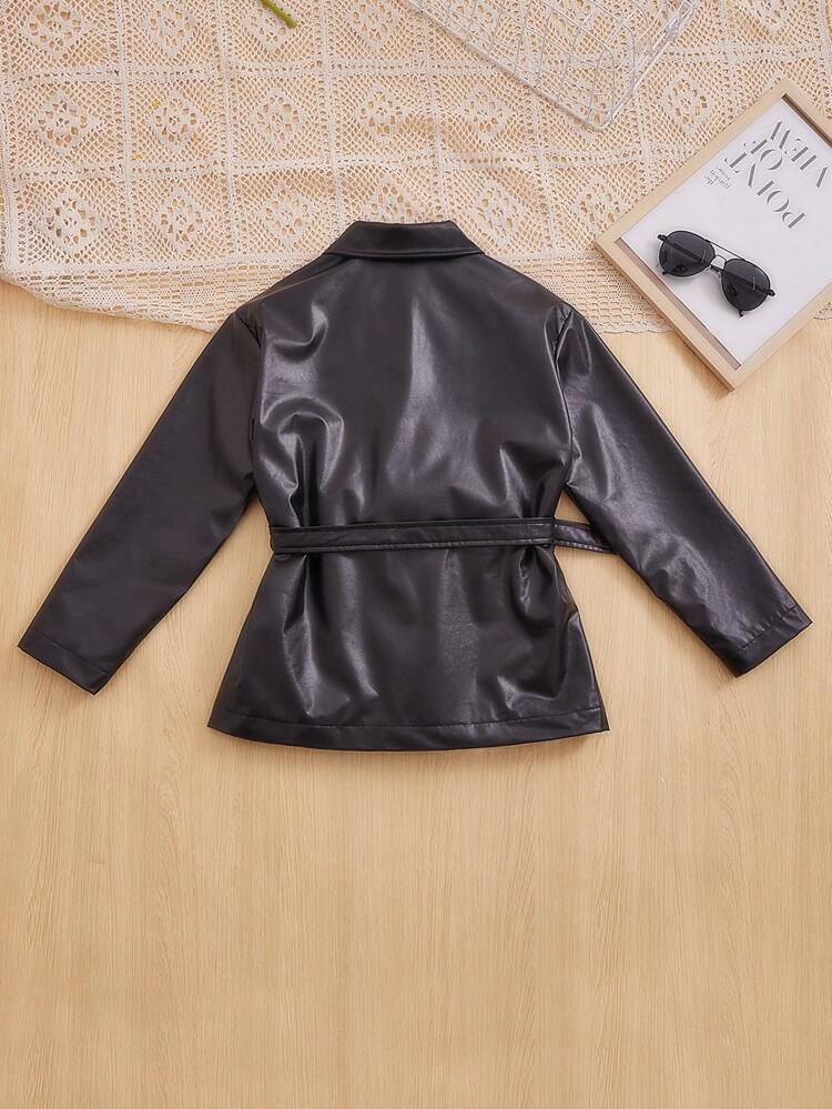 Tween Girl Flap Pocket Belted PU Leather Jacket