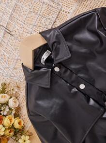 SHEIN Tween Girl Flap Pocket Belted PU Leather Jacket - Black - View 3