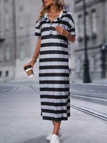SHEIN LUNE Striped Print Drawstring Hooded Split Hem Dress - Multicolor - View 6