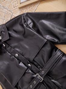 SHEIN Tween Girl Flap Pocket Belted PU Leather Jacket - Black - View 4