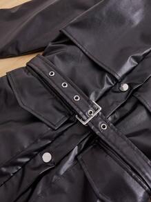SHEIN Tween Girl Flap Pocket Belted PU Leather Jacket - Black - View 5