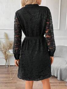 SHEIN Clasi Button Front Belted Lace Shirt Dress - Black - View 2