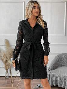 SHEIN Clasi Button Front Belted Lace Shirt Dress - Black - View 4
