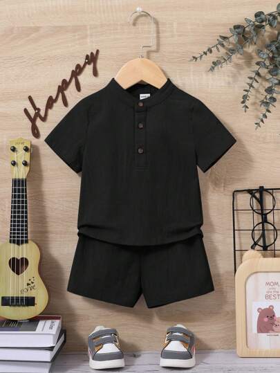 SHEIN Leap Crew 休閒舒適男童半扣襯衫短褲 2 件套