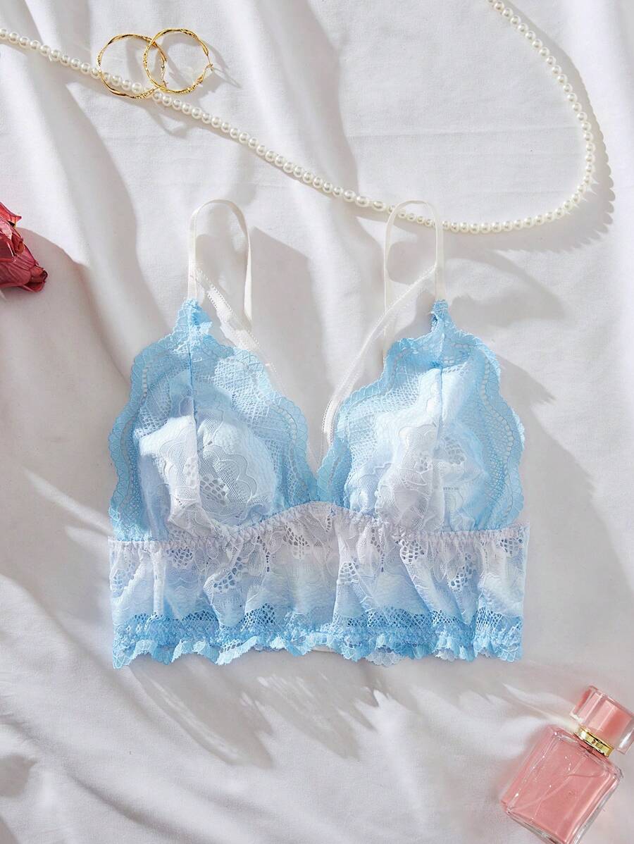 花卉蕾絲貝殼邊基本款上衣 - 淺藍色 - 查看 1