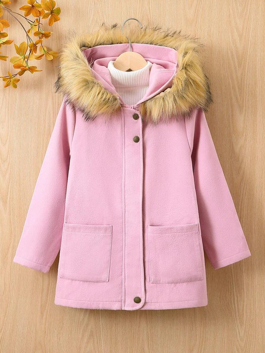 SHEIN Tween Girl Fuzzy Trim Hooded Thermal Lined Coat Without Jumper - Pink - View 1