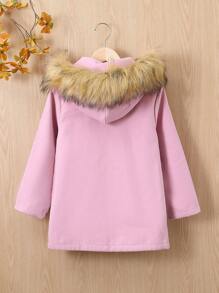 SHEIN Tween Girl Fuzzy Trim Hooded Thermal Lined Coat Without Jumper - Pink - View 2