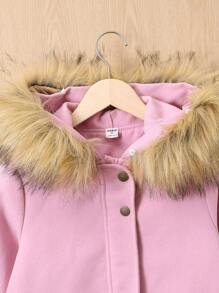 SHEIN Tween Girl Fuzzy Trim Hooded Thermal Lined Coat Without Jumper - Pink - View 3