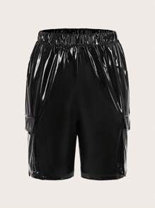 SHEINNeu Túi nắp bên cạnh chất liệu da PU Quần short - màu đen - Xem 1