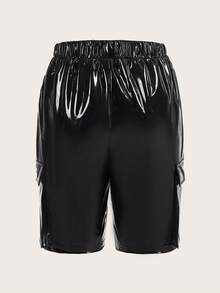 SHEINNeu Túi nắp bên cạnh chất liệu da PU Quần short - màu đen - Xem 2