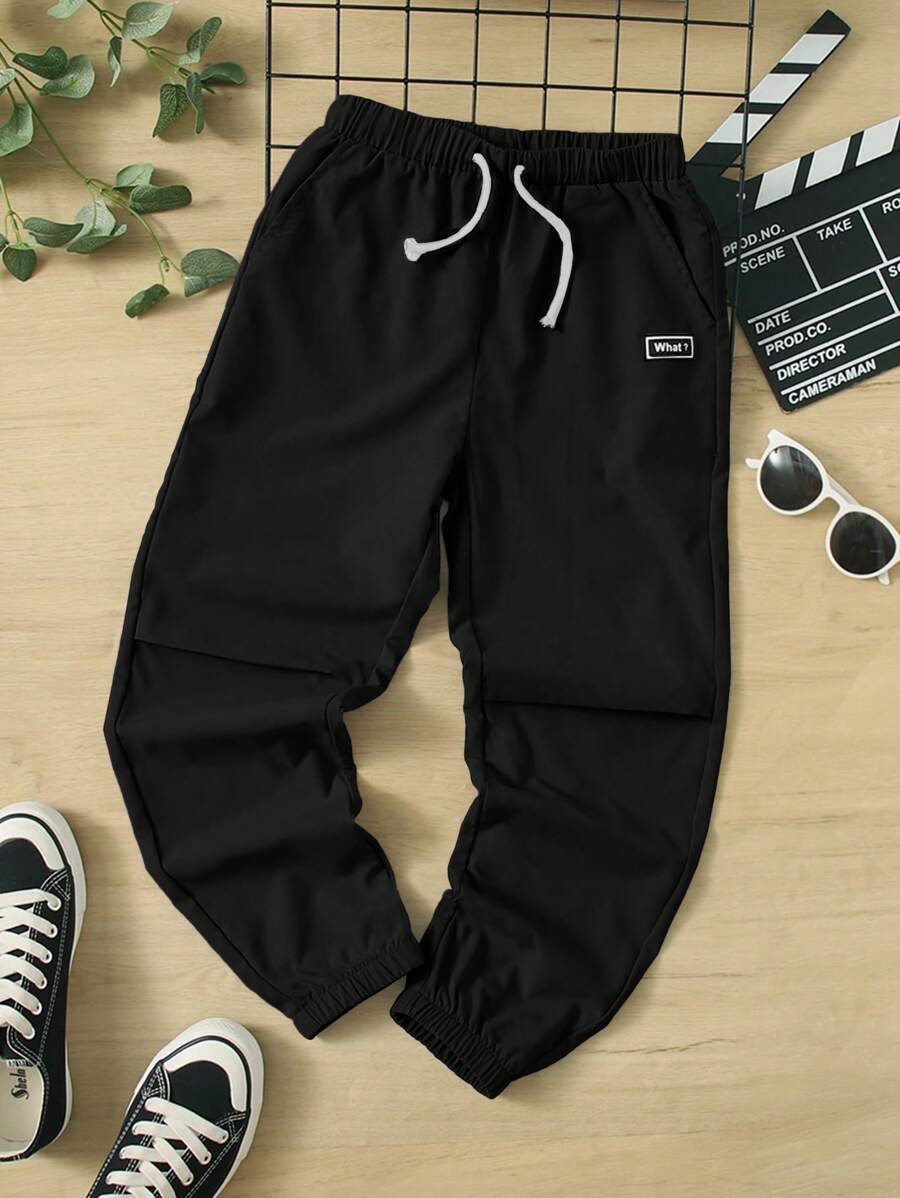 SHEIN 男大童字母補丁細節腰部抽繩長褲