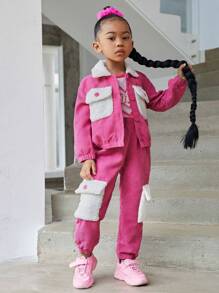 SHEIN 女小童翻蓋口袋落肩袖燈芯絨夾克和褲子 - 玫紅色 - 查看 1