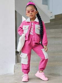 SHEIN 女小童翻蓋口袋落肩袖燈芯絨夾克和褲子 - 玫紅色 - 查看 3