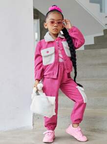 SHEIN 女小童翻蓋口袋落肩袖燈芯絨夾克和褲子 - 玫紅色 - 查看 4