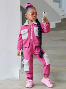 SHEIN 女小童翻蓋口袋落肩袖燈芯絨夾克和褲子 - 玫紅色 - 查看 5