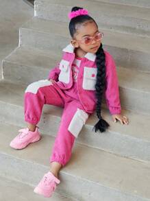 SHEIN 女小童翻蓋口袋落肩袖燈芯絨夾克和褲子 - 玫紅色 - 查看 6
