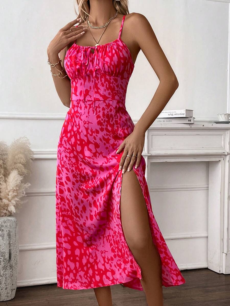 Chiquease 滿版印花前繫帶高衩吊帶連衣裙 - 彩色 - 查看 1