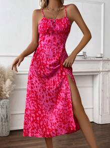 Chiquease 滿版印花前繫帶高衩吊帶連衣裙 - 彩色 - 查看 4