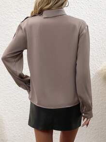 SHEIN Privé Mock Neck Lantern Sleeve Satin Blouse - Mocha Brown - View 3