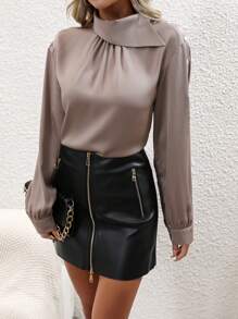 SHEIN Privé Mock Neck Lantern Sleeve Satin Blouse - Mocha Brown - View 1