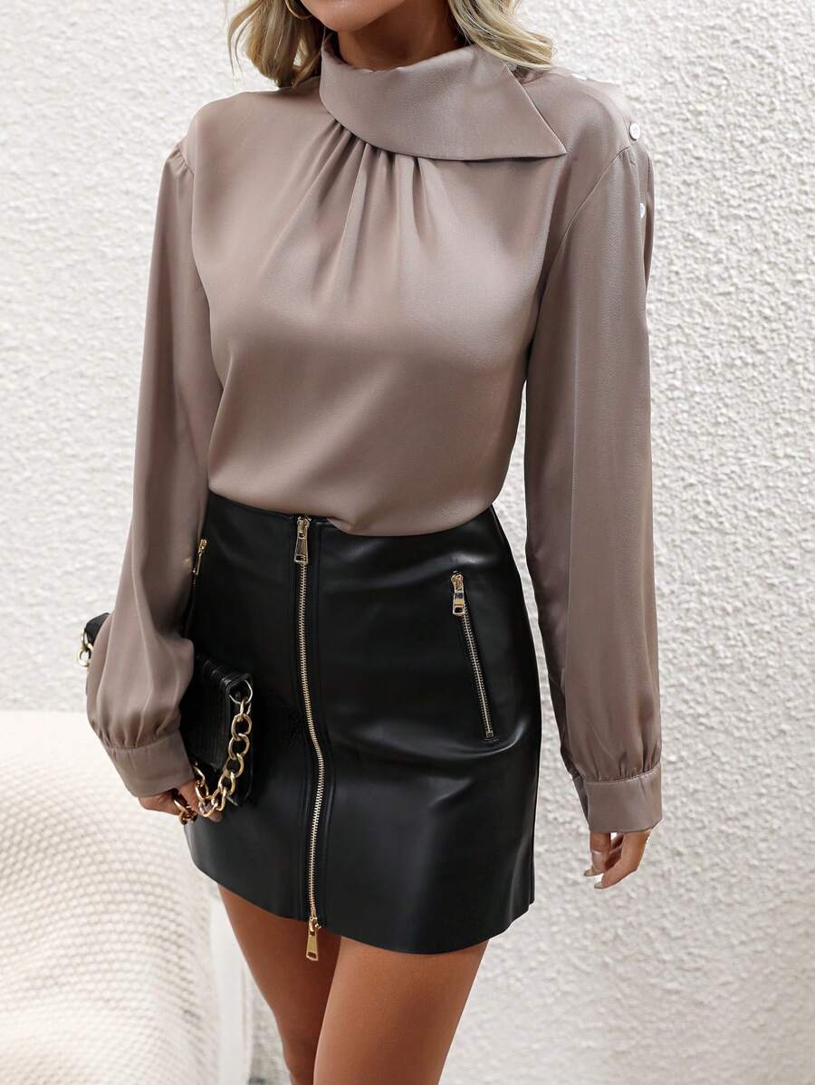 SHEIN Privé Mock Neck Lantern Sleeve Satin Blouse - Mocha Brown - View 1