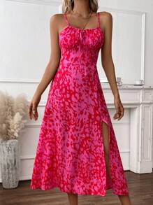 Chiquease 滿版印花前繫帶高衩吊帶連衣裙 - 彩色 - 查看 5