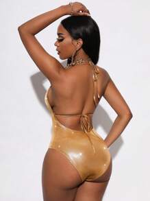 Slaydiva Cổ Lao Không lưng Kim loại Bodysuit dây - Vàng - Xem 2