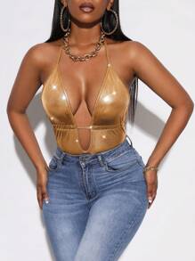 Slaydiva Cổ Lao Không lưng Kim loại Bodysuit dây - Vàng - Xem 6