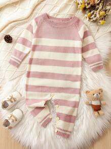 Baby Girl Striped Pattern Raglan Sleeve Knit Jumpsuit - Pink - View 1