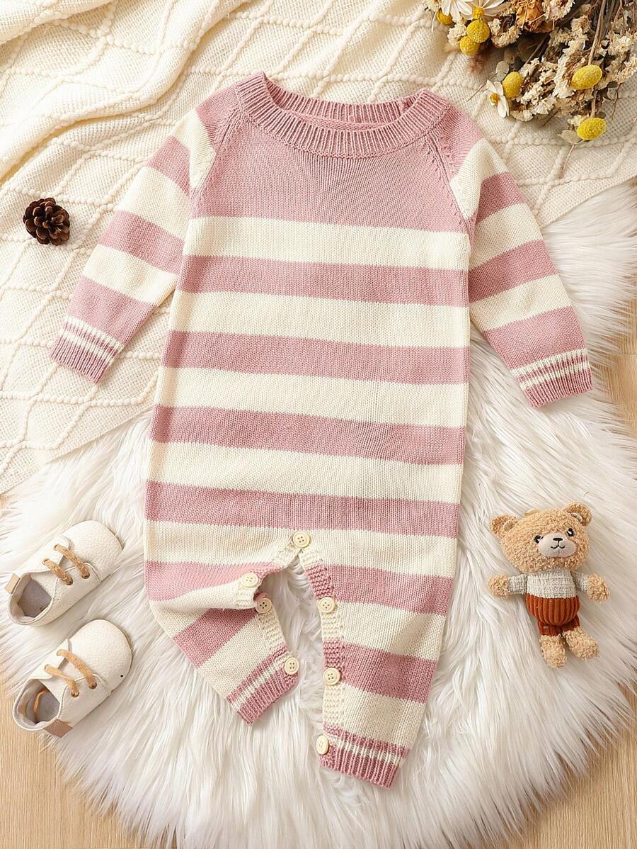 Baby Girl Striped Pattern Raglan Sleeve Knit Jumpsuit - Pink - View 1