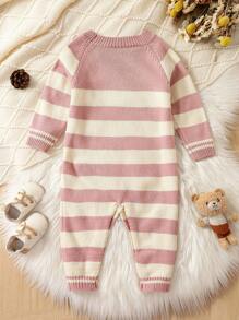 Baby Girl Striped Pattern Raglan Sleeve Knit Jumpsuit - Pink - View 2